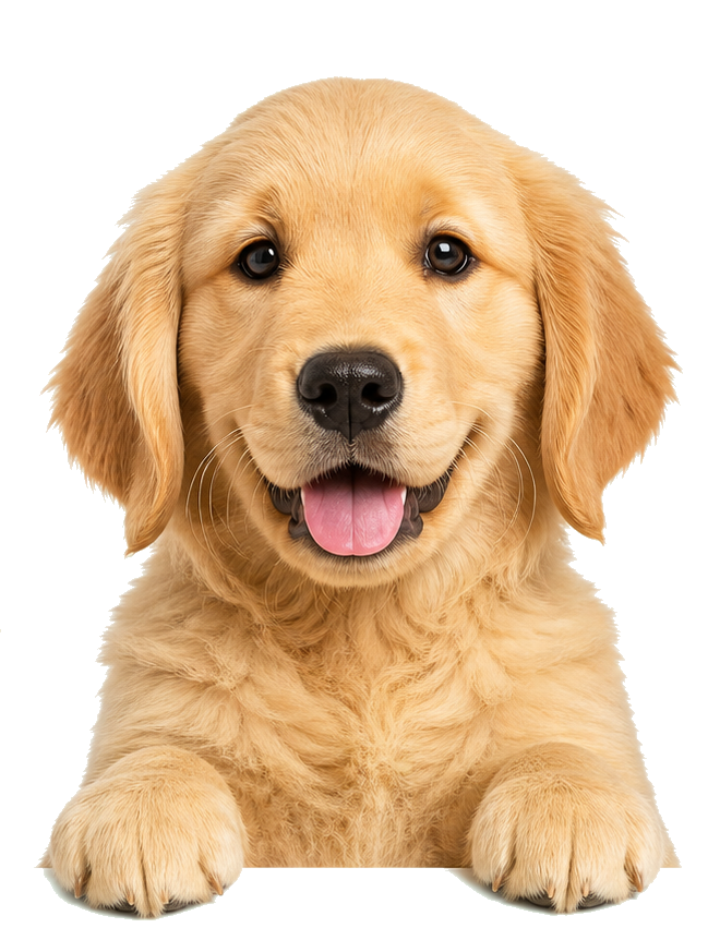 Grosser freundlicher Hund mit sichtbaren Pfoten vor den unteren Panels
